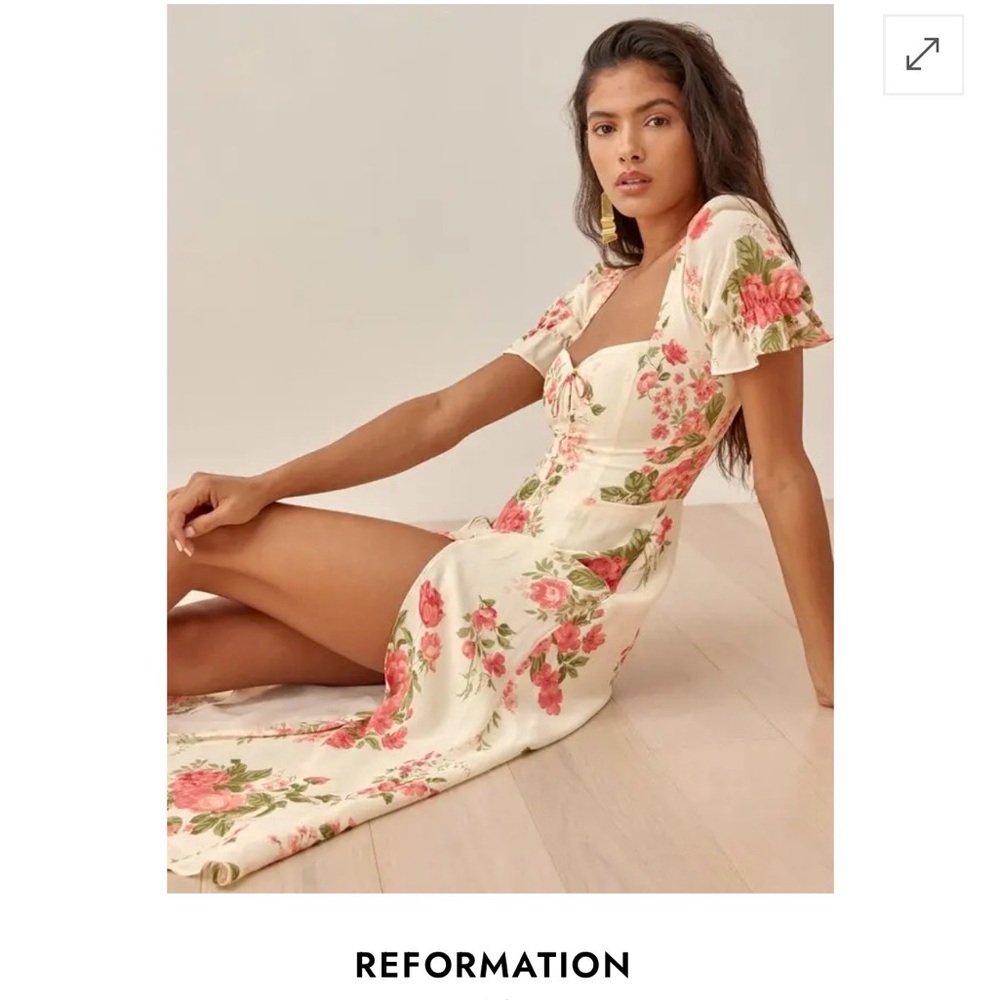 Reformation Cream Maxi Dress with Pink Rose Print